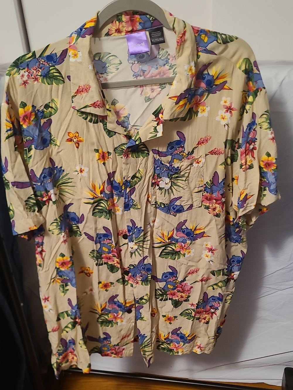 Disney Men’s Stitch Tropical Button-Up Shirt in Beige with Blue Accents